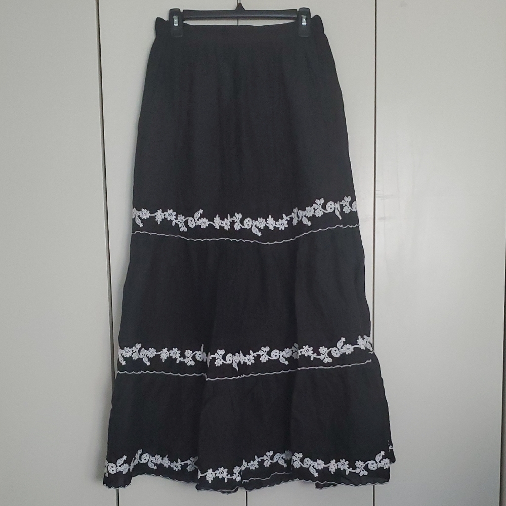 Black Maxi Skirt with White Floral Embroidery